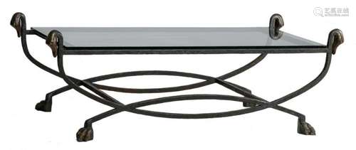 A wrought iron coffee table with glass top, H 56 - W 163 cm