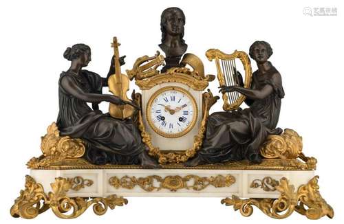 A bronze, gilt bronze and white marble Belle Epoque mantle clock with on top the bust of Grétry flanked by two muses, H 42 cm