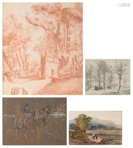 Masely G., figures in a landscape, watercolour, dated 1870, 14,5 x 22,5 cm;  monogrammed L.R. (Louis Reckelbus), 'St Yves 1910', pastel, 21 x 28 cm; no visible signature, a winter view, washed ink, 18th - 19thC, 15,8 x 19,7 cm; no visible signature, figures in a castle garden, red chalk, 18thC, 36 x 42 cm