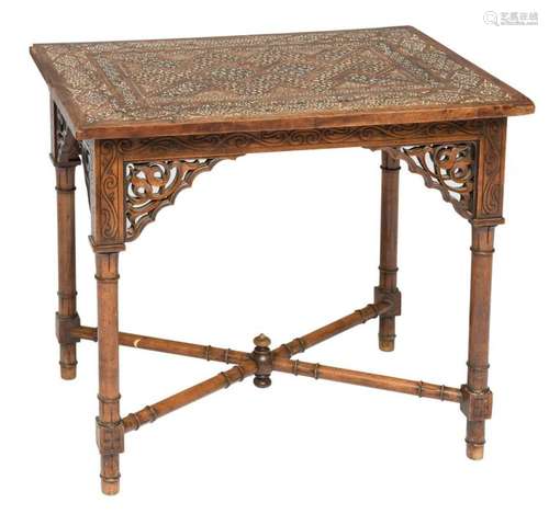 A late 19thC Moresque inspired occasional table, inlaid with bone, ebony and various other materials and woods, H 70 - W 80 - D 56 cm