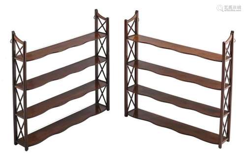 A pair of Oriental inspired mahogany wall racks, H 86,5 - W 86 cm