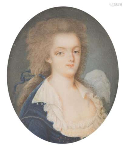 Unsigned, (the inside signed on the covering paper 'Campana'), a miniature portrait of a lady, oil on ivory, second half of the 18thC, set in an exquisite matching 19thC polished brass frame, H 8,2 - W 6,3 (portrait) -  H 17 - W 12 cm (frame)