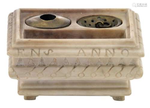 A 17thC alabaster ink set with brass sand sifter and lead and brass inkwell, with an inscription on the edge 'Suster Josynken Janssens Anno 1645', H 8 - W 15 cm