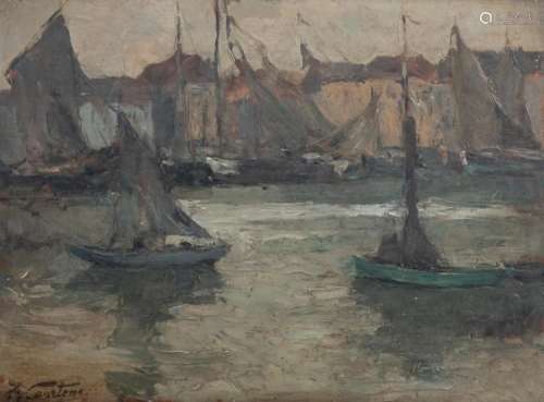 Courtens F., a view on a harbor, oil on panel, 32,5 x 43,5 cm