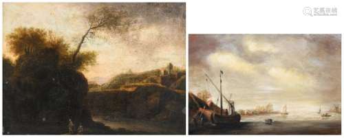 Unsigned, figures in a landscape, oil on cardboard, 18thC; added unsigned, a view on a harbor, oil on cardboard, 19th - 20thC; 16,5 x 24 - 21,5 x 28,5 cm