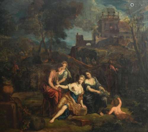 Unsigned, Diana and her entourage in an Arcadian landscape, oil on canvas, 18thC (in origin), 85 x 95 cm