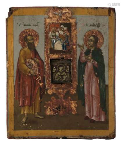 A 19thC East European icon depicting Joachim and Anna with bronze plaque, 25 x 29 cm