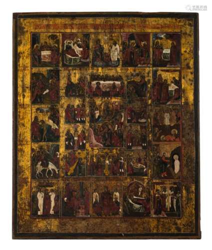 A 19thC East European icon depicting scenes from the life of Christ, 43 x 52 cm