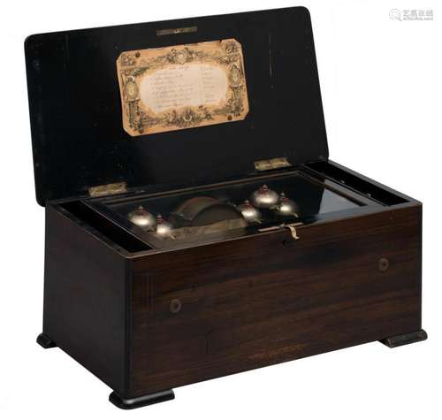 A 19thC Historism rosewood music box, veneered ebony and marquetry, with eight melodies and percussion, the program compiled in 1866, H 25 - W 58 - D 30 cm