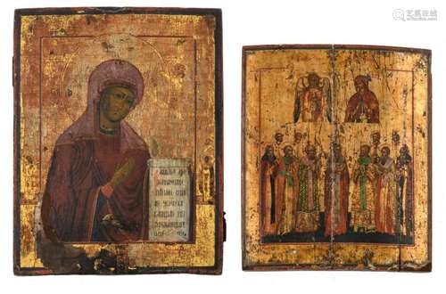 Two 19thC East European icons, one of which depicting Mary, 30 x 35 - 32 x 41 cm