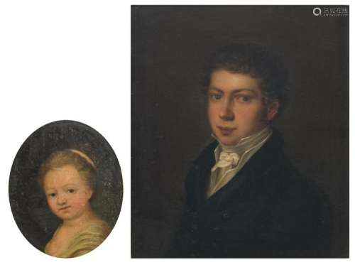 Unsigned, a portrait of Jakob Christoph Bischoff ~ Iselin de Brãle (1799-1864), oil on canvas; added unsigned (attributed to Tischbein A.), a portrait of a girl, oil on canvas, 15,5 x 19 - 24 x 28 cm
