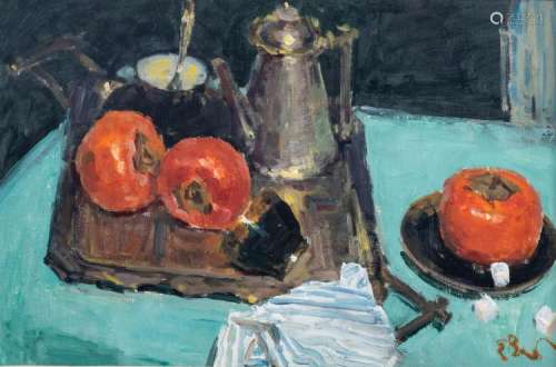 Vechtomov E., a still life with sharon fruit, oil on canvas, dated 2005, 39 x 59 cm