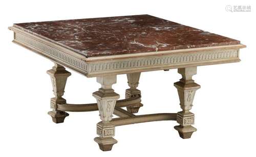 A patinated wooden LXIV style table with a rouge royal marble top, H 75 - W 140 - D 125 cm