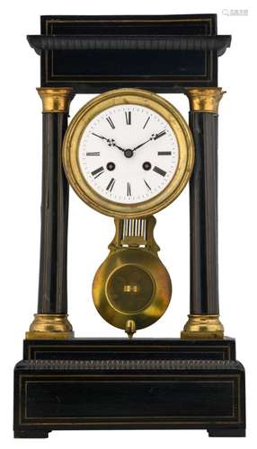 A last quarter of the 19thC French portico clock, ebonised wood, brass mounts and inlaid with ditto strips ,H 45 - W 24 - D 13