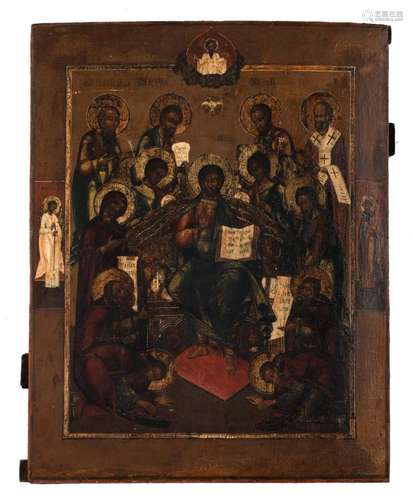 A 19thC East European icon depicting Christ and the twelve apostles, 43 x 54 cm