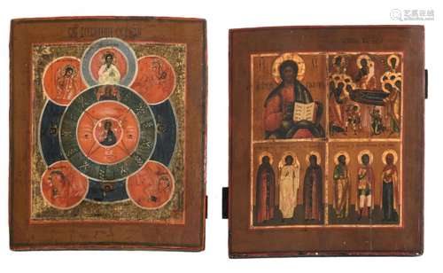 Two 19thC East European icons, one depicting scenes from the life of Christ, one depicting the four evangelists, 31 x 35,5 - 31,5 x 35,5 cm