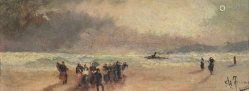Toscano G., fisherfolk at the beach after a shipwrecking, oil on panel, dated 1908, 12,5 x 30 cm