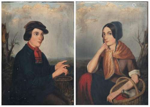 Unsigned, a double portrait of young lovers, oil on canvas, Biedermeier period, probably German, 34 x 49 cm