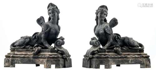 Piat E.F. (1827-1903), a pair of 19thC cast iron andirons depicting female sphinxes, H 33 cm