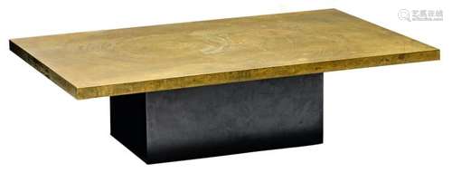 A design coffee table by Michel Neugarten, no. 8/20, a brass plate mounted on wood and on a black lacquered base, H 34,5 - W 130,5 - D 80,5 cm