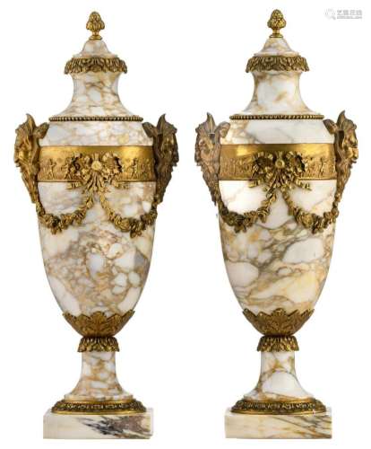 A pair of Neoclassical gilt bronze mounted Sahara gold marble cassolettes, H 52 cm