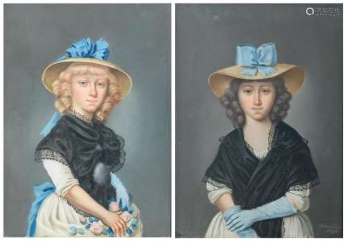 Vollmöller, two girls portraits, pastel, dated 1790, 24,5 x 33,5 cm