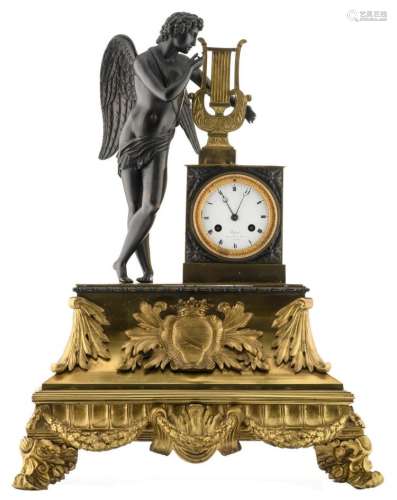 A third quarter of the 19thC gilt and patinated bronze mantle clock with on top Apollo with kithara, the dial marked 'Bassot à Paris', H 63 cm