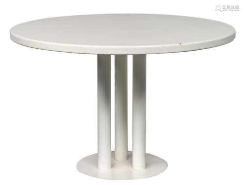 A white lacquered design table on a metal base, H 75 - ø 114 cm