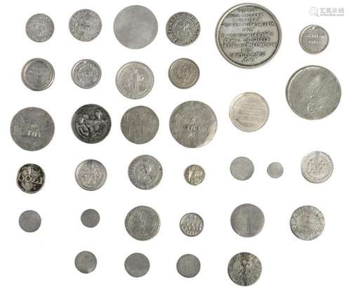 A collection of pewter and zinc memento and other tokens and coins 16th till 19thC, Low Countries and Belgium