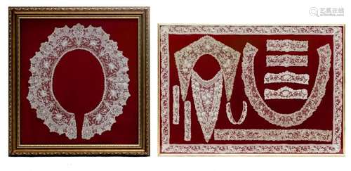 Two framed lace items; one frame with a ladies robe collar, one frame with a complete robe garniture, Flemish, early 20thC, 64 x 68 - 69 x 100 cm