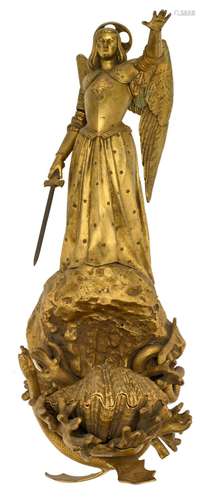 A probably French gilt bronze holy water font depicting the Faith overcomes evil, H 51 cm