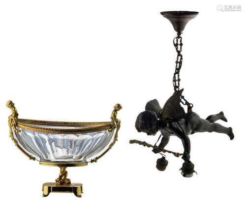 A bronze romantic chandelier; added a bronze mounted cut crystal coupe, H 29,5 - 58 cm