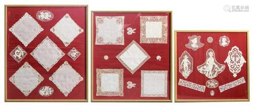 Three frames with various lace items, all items plain lace or finished with lace, Flemish, early 20thC, 63 x 66 - 73,5 x 85,5 cm