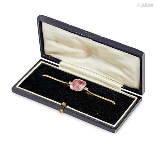 A pink tourmaline and diamond set brooch Overall length: 73mm