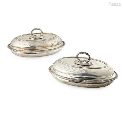 A pair of Victorian oval entrée dishes and covers Width: 28cm, weight: 68.6oz