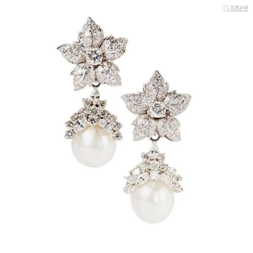 A pair of South Sea pearl and diamond set pendant earrings Overall length: 45mm, estimated principal diamond weights: 0.45cts (each)