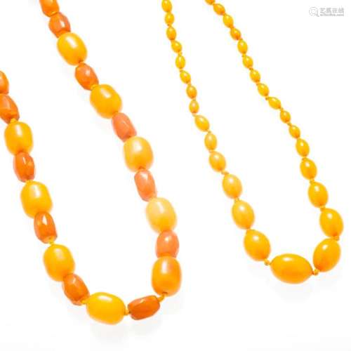 Two yellow beaded necklaces Length: 54cm & 83cm