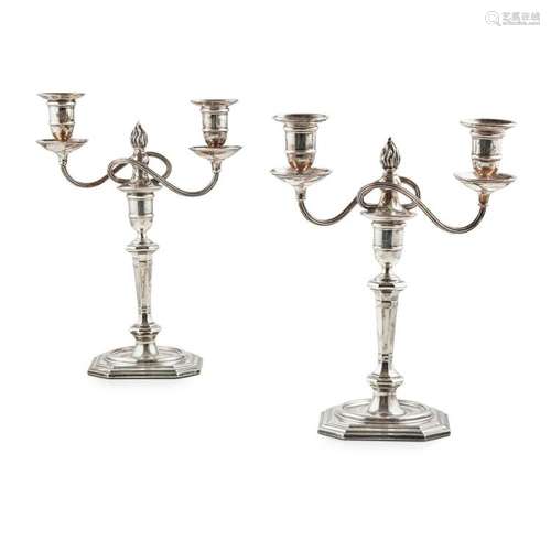 A pair of two branch candelabra Height: 29cm, weight (branches only): 20oz