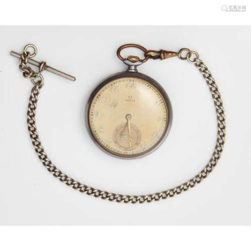 A gentleman's gun metal cased pocket watch, Omega Case diameter: 48mm, dial diameter: 41mm