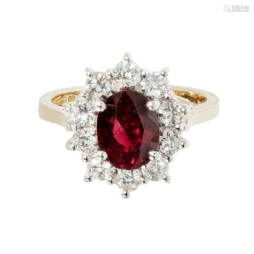 A ruby and diamond set cluster ring Ring size: M/N, estimated ruby weight: 2.03cts