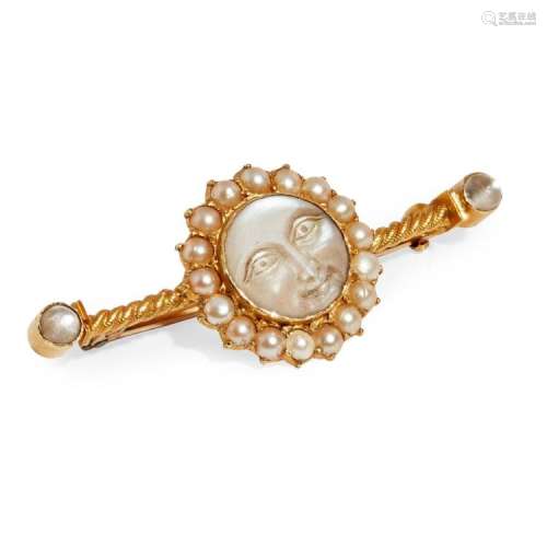 A moonstone and pearl set bar brooch Width: 43mm