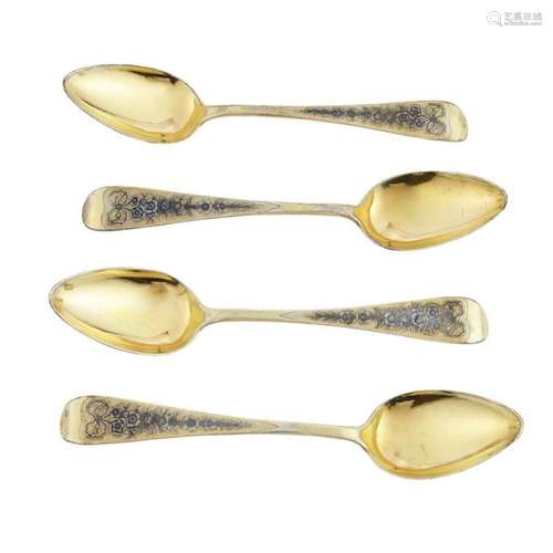 A cased set of Russian silver gilt and niello decorated spoons Length: 17.2mm, weight (4): 5oz