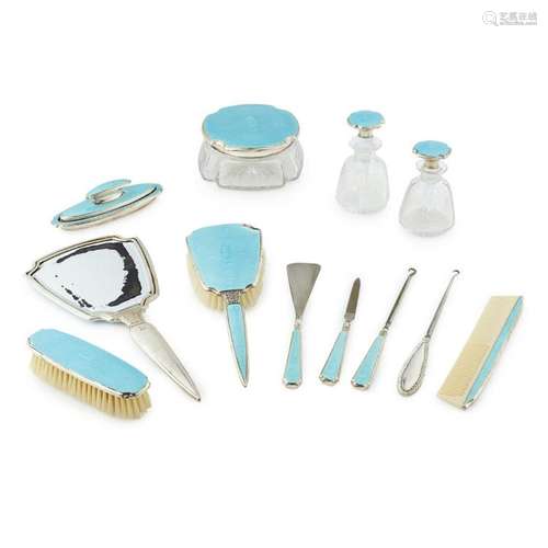 A blue guilloche enamelled dressing table suite