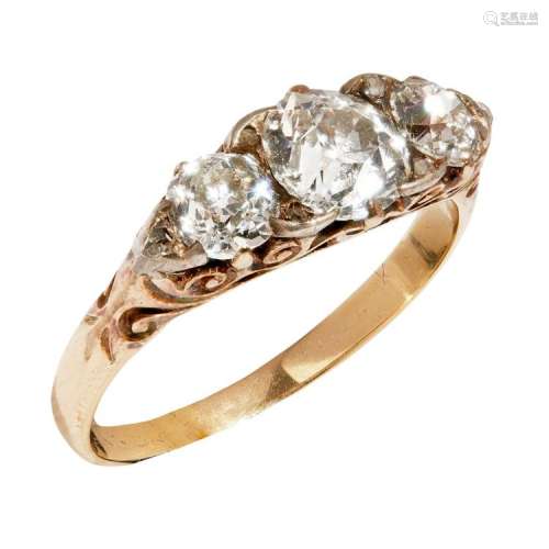 A Victorian three stone diamond ring Ring size: P/Q, estimated principal diamond weight: 1.11cts