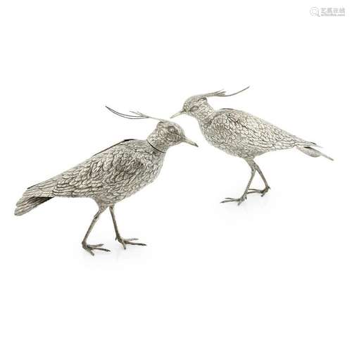 A pair of early 20th century continental silver bird ornaments Length: 29cm, combined weight: 32oz