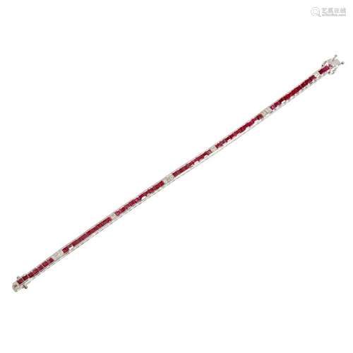 A ruby and diamond set bracelet Length: 18cm