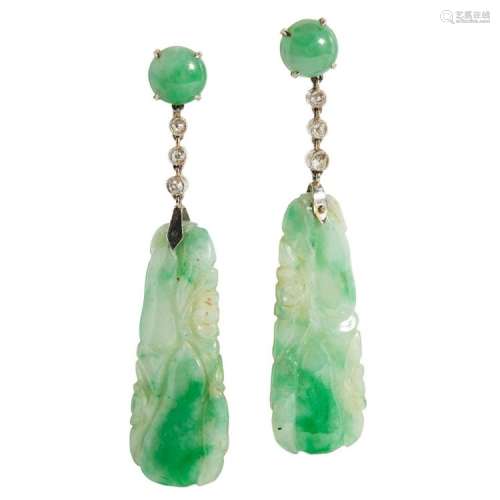 A pair of jade and diamond set pendant earrings Overall length: 60mm