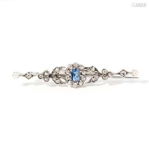 A sapphire and diamond set bar brooch Length: 58mm