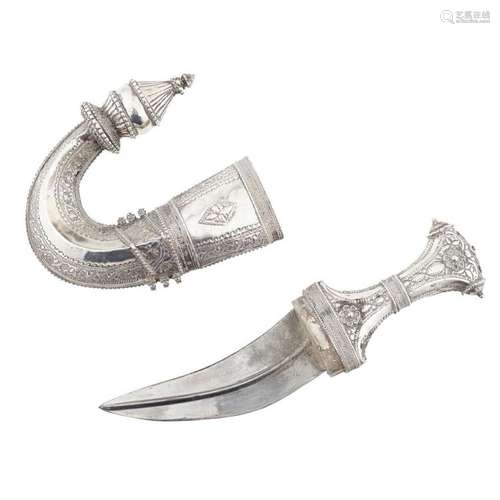 An Eastern white metal mounted Jambiya Dagger length: 26cm