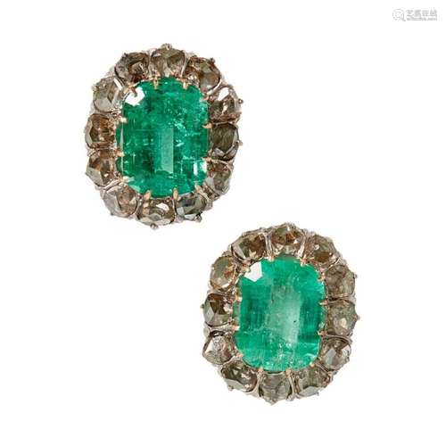 A pair of Columbian emerald and diamond set cluster earrings Earrings: 21mm x 18mm, emerald weights: 4.39cts & 3.70cts